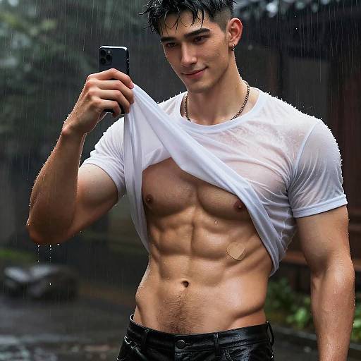 Photorealistic CGI of a muscular, wet, young man with short black hair lifting a white, soaked t-shirt, revealing his defined abs, in