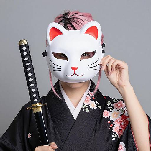 Enchanting Woman in Cat Mask and Kimono