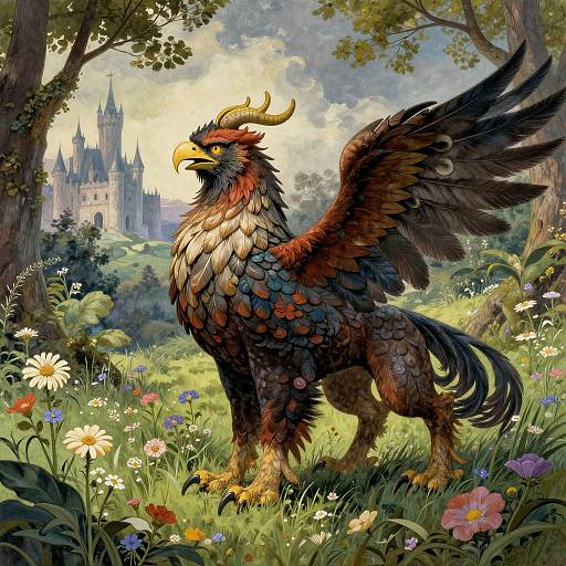 Digital fantasy painting of a majestic, multi-colored griffin with large wings standing in a sunlit, flower-filled forest, with a castle in the distant