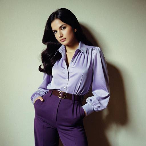 Retro Woman in Purple Blouse and High Waist Trousers