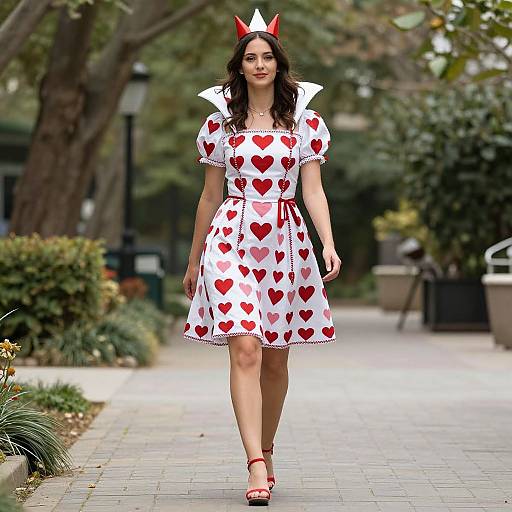 Photograph of a woman with long brown hair, wearing a white dress with red heart patterns, red heels, and a red devil crown, walking down