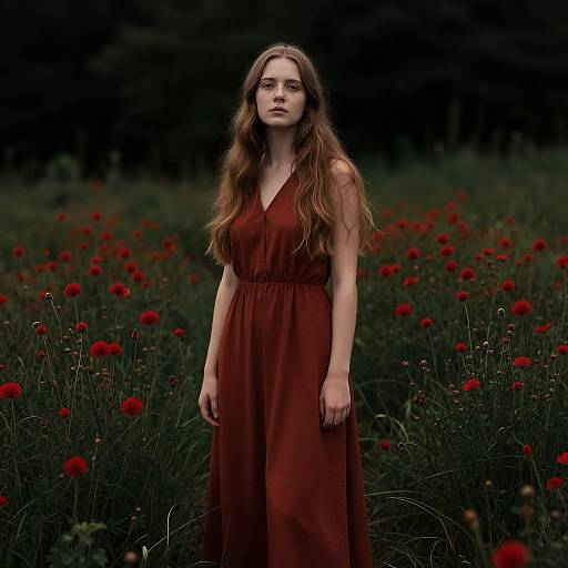 Young Woman in Red Flower Field