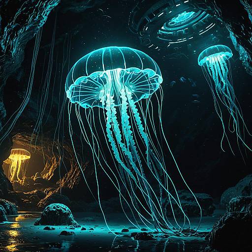 Bioluminescent Cyberpunk Jellyfish in Underwater Cave