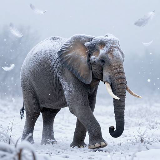 Photograph of a large African elephant with dark gray skin, white tusks, and snow-covered body, walking through a snowy landscape with white feathers in
