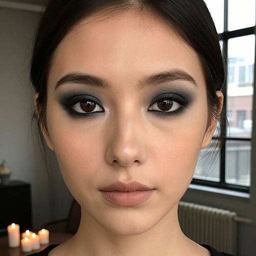 Photograph of an Asian woman with dark, smoky eye makeup, neutral lips, and black hair, standing indoors with candles and a window in the