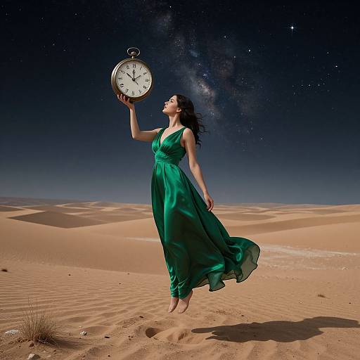 Photograph of a woman in a flowing green dress holding a large clock above her head, standing in a desert under a starry night sky.