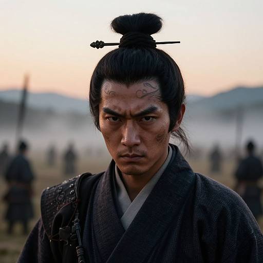 Photograph of intense, tattooed Asian warrior with black topknot, traditional dark kimono, and serious expression, blurred battlefield background at dawn.