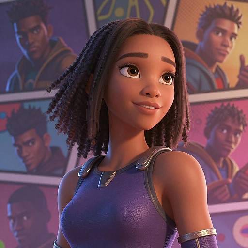 CGI portrait of a young Black woman with curly hair, large eyes, and a purple sleeveless top, surrounded by colorful, blurred portraits of Black