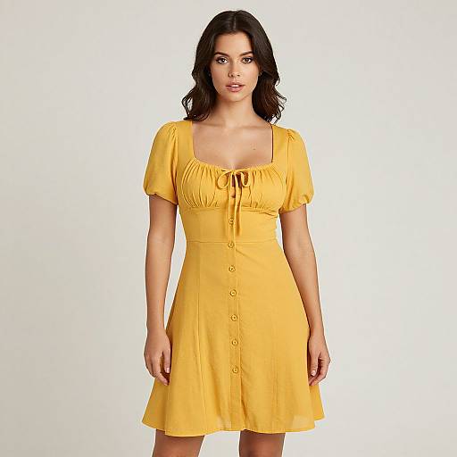 Photograph of a woman with dark hair, wearing a bright yellow, short-sleeved, button-down dress with a square neckline, standing against a