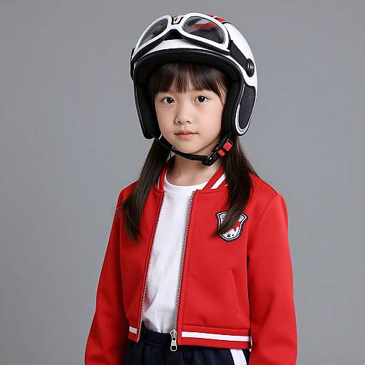 Photograph of an Asian girl with straight black hair, wearing a white helmet, red zip-up jacket, white shirt, and black pants, against a