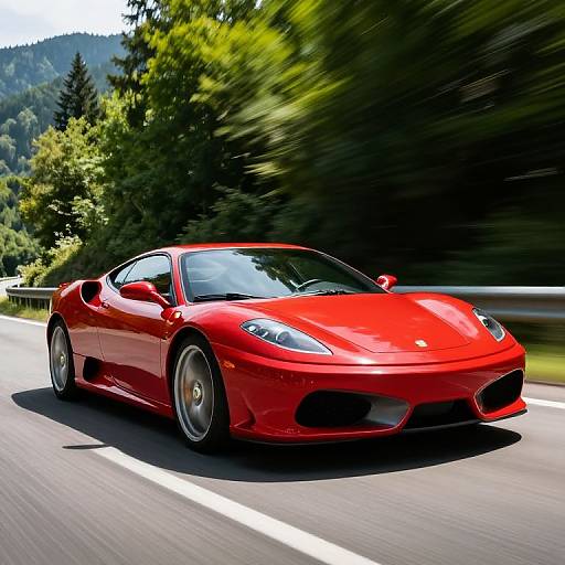 Photograph of a bright red, sleek, sports car with a low profile and sharp lines, speeding on a sunny, mountainous road.
