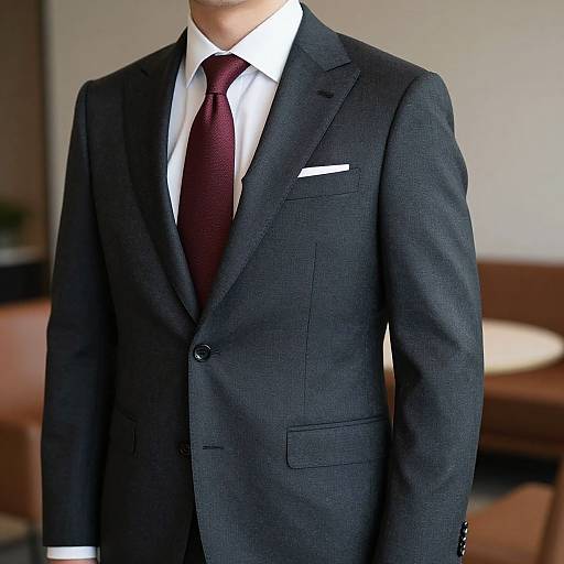 Photograph of a man in a dark charcoal suit, white dress shirt, and maroon tie, with a white pocket square. Background features blurred office