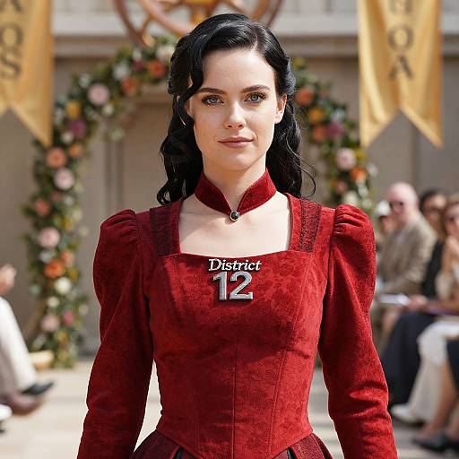 Photograph of a fair-skinned woman with black hair, wearing a red, Victorian-style dress with 