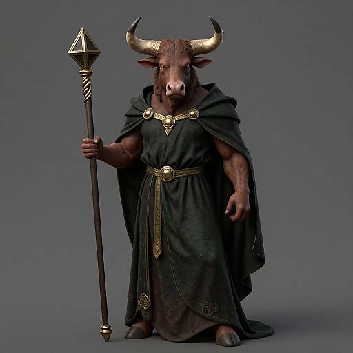 CGI image of a muscular minotaur with brown fur, large horns, and dark brown hooves, wearing a black, gold-trimmed