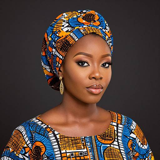 Photograph of a dark-skinned woman with a patterned blue, orange, and black headwrap and dress, wearing gold earrings, against a black