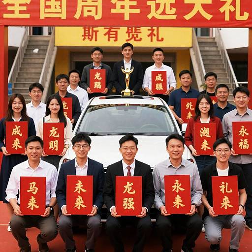 Celebration with Red Plaques and Smiles