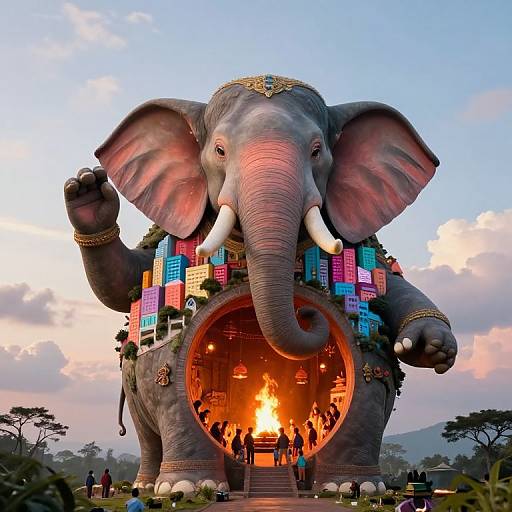 Photograph of a giant, ornate elephant statue with colorful tiles, white tusks, and a fiery interior, set against a sunset sky.