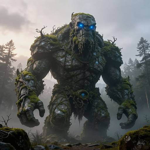 Digital artwork of a towering, rock-like creature with glowing blue eyes, moss-covered limbs, and leafy roots, emerging from a foggy forest.
