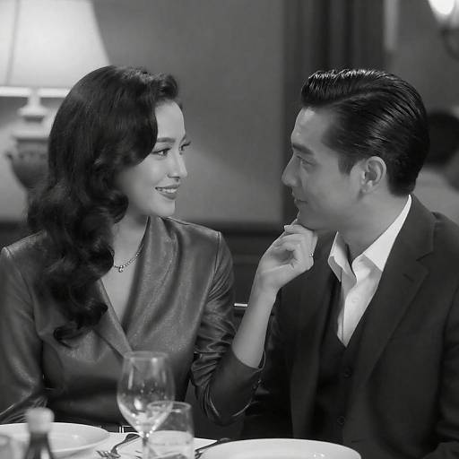 Black-and-white photograph of a smiling Asian man in a suit and an Asian woman in a leather jacket, seated at a restaurant table, engaging in conversation