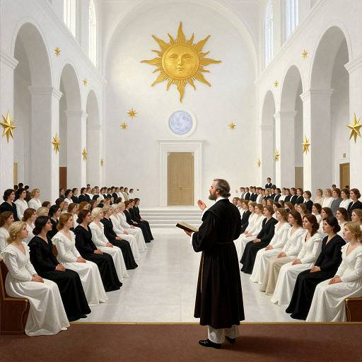 Photograph of a formal religious ceremony in a sunlit, white arched church, with a bearded man in black robes speaking to seated attendees in