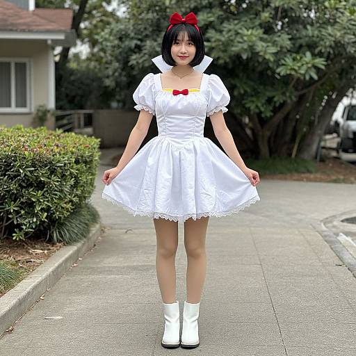Photograph of an Asian woman with black bob haircut, red bow, white puffy dress, white boots, standing on suburban sidewalk.