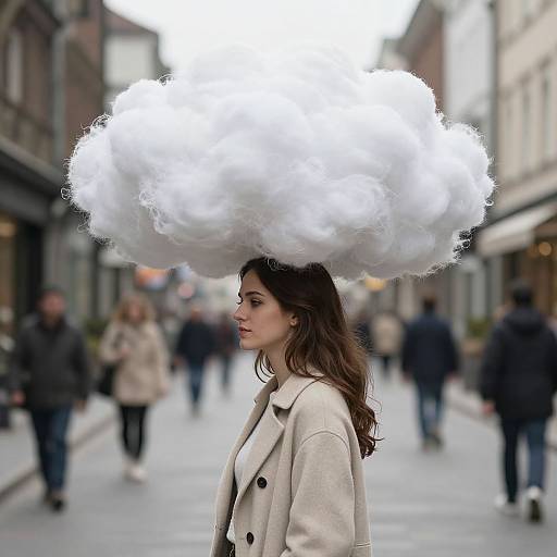 Photograph of a young woman with long brown hair, wearing a beige coat, walking on a city street with a large, fluffy white cloud-shaped hat