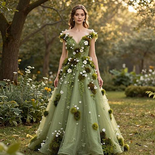 Photograph of a slender woman with long brown hair, wearing a green, floral-embellished, V-neck ball gown, standing in a sun