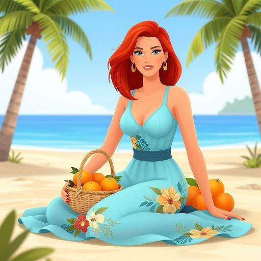 Digital illustration of a red-haired woman with fair skin, wearing a blue floral dress, sitting on a tropical beach, surrounded by oranges and palm trees,