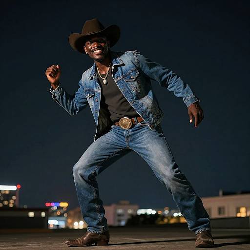 Photograph of a smiling Black man in a black cowboy hat, denim jacket, and jeans, dancing at night with city lights in the background. He
