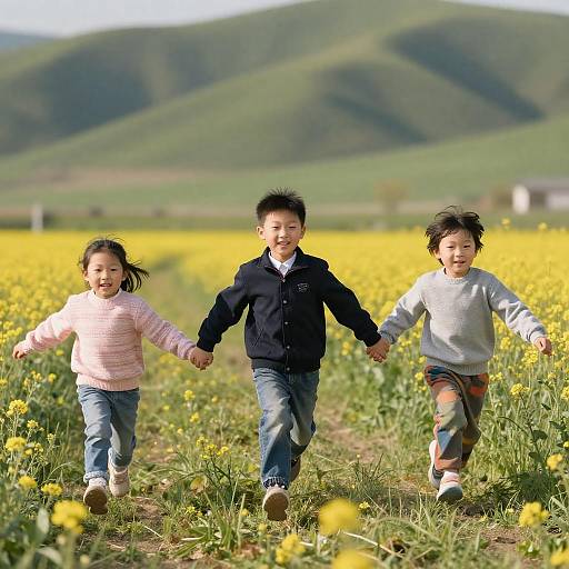 Joyful Children Running in Flower Field