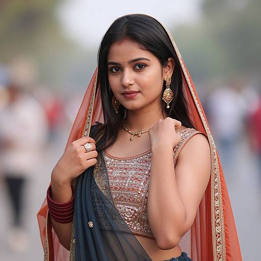 Photograph of an Indian woman with medium brown skin, black hair, wearing a sparkly gold top, black saree, and red-orange veil,