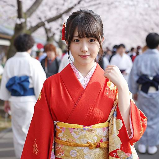 Photograph of a young Japanese woman in a vibrant red kimono with gold floral obi, smiling, standing outdoors among cherry blossom trees and other k