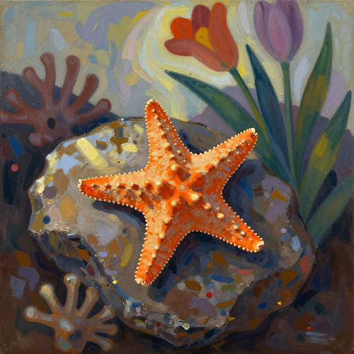 Vibrant, impressionist painting of an orange starfish on a rock with purple tulips and coral, under a glowing sun. Bold, colorful