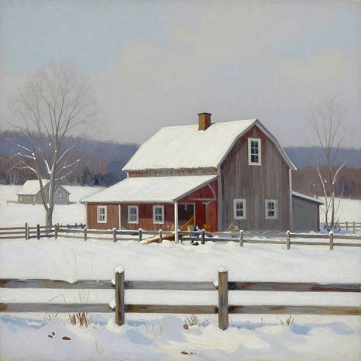 Painting of a red wooden barn with a snow-covered roof, surrounded by a fenced snow-covered field, bare trees, and a clear sky.