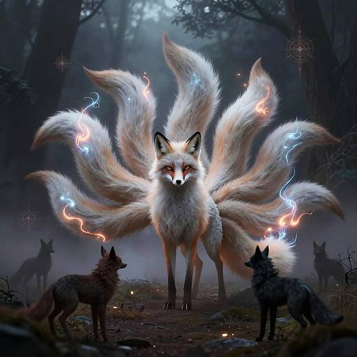 Digital artwork of a glowing, multi-tailed fox with electric blue and orange lightning emanating from its fur, standing in a misty forest with sil