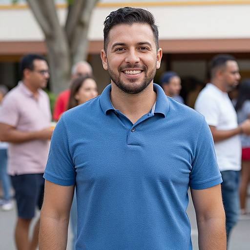 Photograph of a smiling, bearded man with short dark hair, wearing a blue polo shirt, standing outdoors in a busy, blurred background.