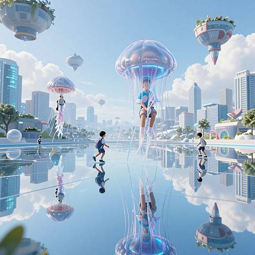 Digital artwork of a futuristic cityscape with jellyfish-like airships, three children running, reflective water, floating planters, and modern skyscrapers