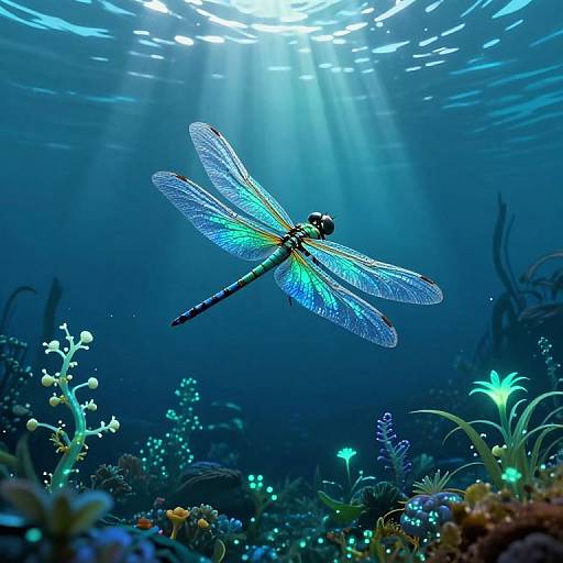 Photograph of a vivid blue and green dragonfly with translucent wings, swimming in an underwater coral reef, illuminated by sunlight beams.
