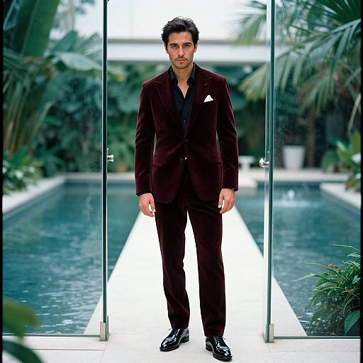 Photograph of a handsome man with dark curly hair, medium skin tone, wearing a black velvet suit, standing in front of a glass door, with