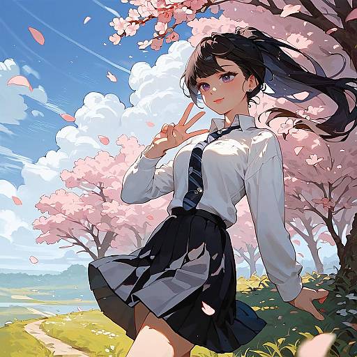 Smiling Schoolgirl in Cherry Blossoms