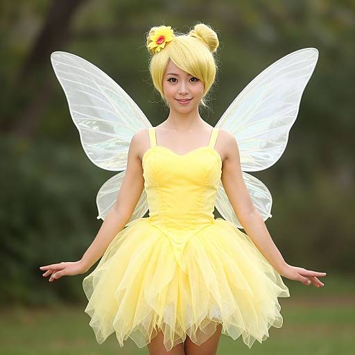 Photograph of an Asian girl with blonde hair in a bun, wearing a yellow fairy dress and translucent wings, standing outdoors.