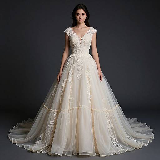 Photograph of a young woman with dark hair in an elegant, white lace wedding gown with a deep V-neck and full, tiered tulle skirt