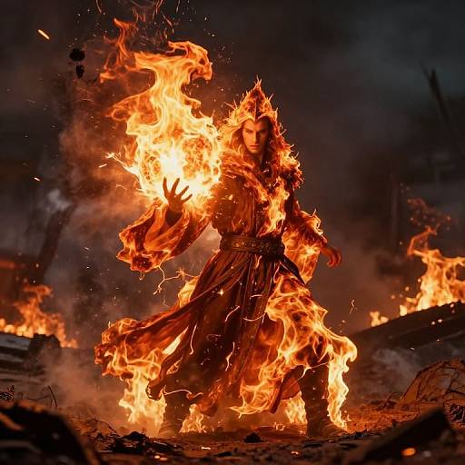 Photograph of a person engulfed in bright, orange flames, standing amidst a dark, smoky background, with fiery tendrils dancing around them.