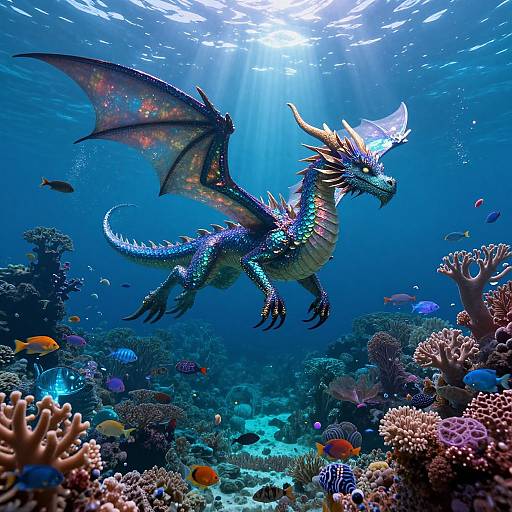 Photorealistic digital artwork of a vibrant, iridescent dragon with glowing wings soaring above a colorful coral reef, surrounded by various fish, underwater sunlight