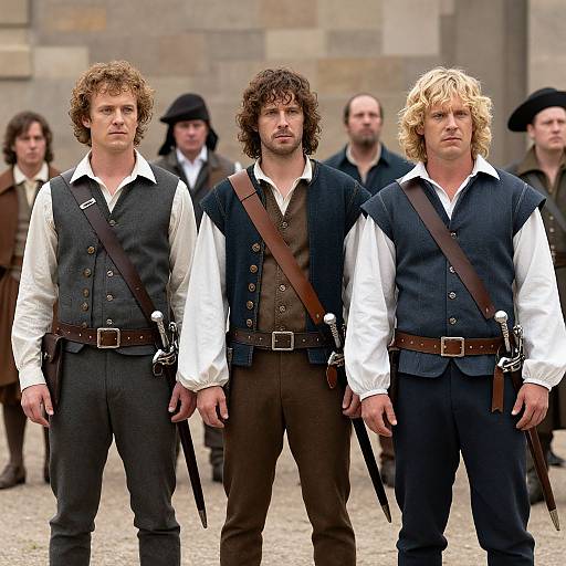 Photograph of three curly-haired men in 18th-century attire with white shirts, dark vests, brown belts, and swords, standing in a stone