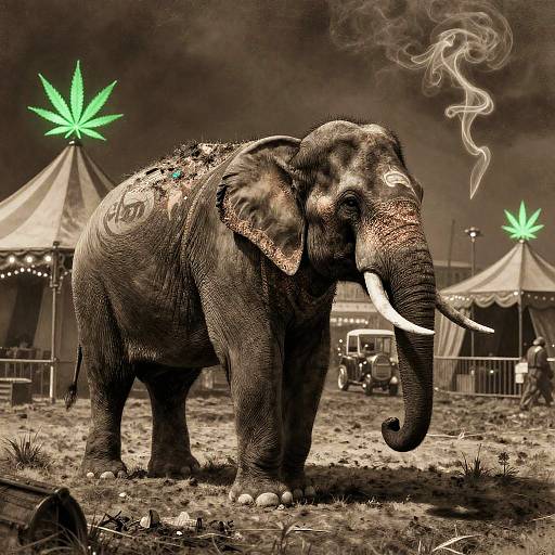 Photograph of a decorated elephant with glowing green marijuana leaves in the background, white tusks, and smoke rising from its trunk. Tent city setting,
