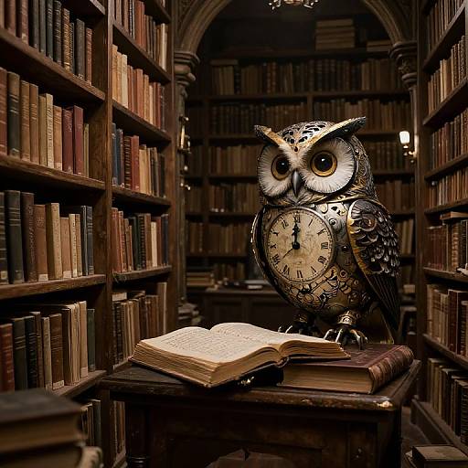 Photograph-style digital art: A clockwork owl with large, expressive eyes and mechanical feathers stands on a bookshelf, surrounded by dark wooden booksh