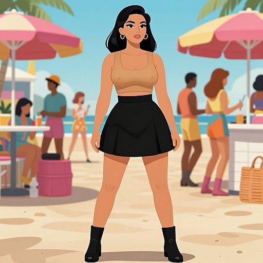 Digital illustration of a curvy woman with black hair, wearing a beige crop top, black skirt, and black boots, standing confidently on a sunny beach