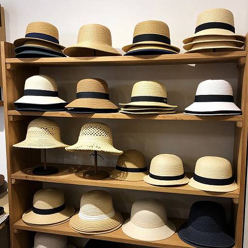 Photograph of a wooden shelf displaying various straw hats with black or white bands, arranged in three horizontal rows.