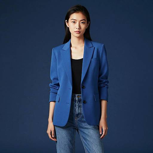 Photograph of an Asian woman with long black hair, wearing a blue blazer, black top, and blue jeans, standing against a dark blue background